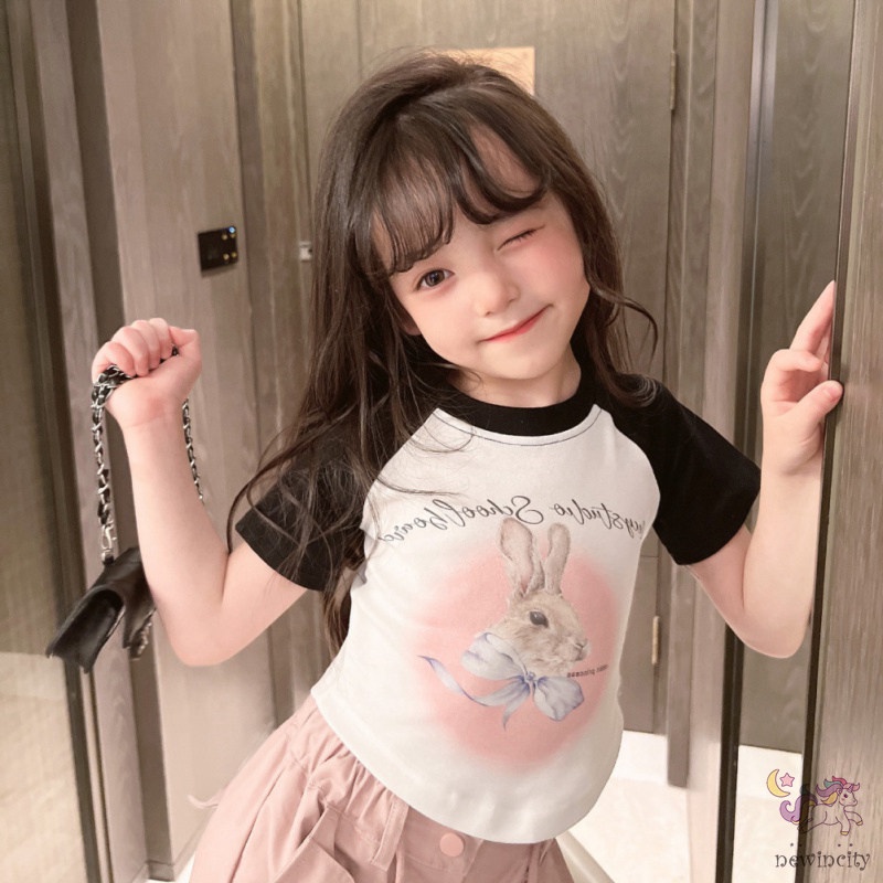 Áo Thun Tay Ngắn In Hình Thỏ Dễ Thương Phong Cách Hàn Quốc Cho Bé Gái