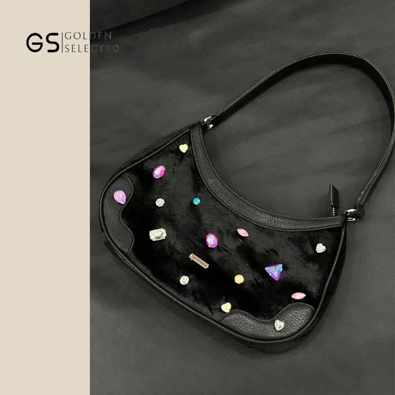 Túi Xách Da Phối Nhung Màu Đen Đính Kim Cương Sang Trọng Cho Nữ