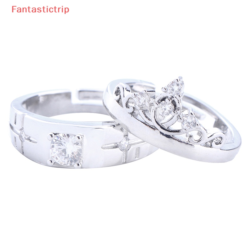 [Fantastictrip] Set 2 Nhẫn Đính Hôn / Nhẫn Đính Đá Pha Lê Hình Vương Miện Có Thể Điều Chỉnh Kích Thước Làm Quà Tặng Ngày