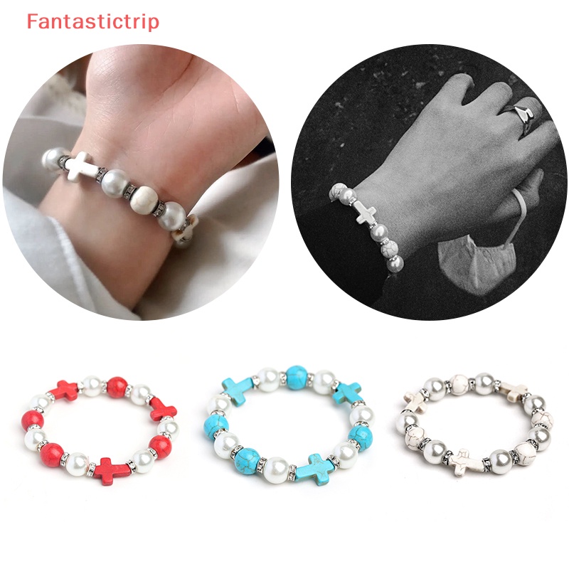 [Fantastictrip] Vòng Tay Co Giãn Đính Ngọc Lam Và Thánh Giá Phong Cách Punk Mới Cho Nam