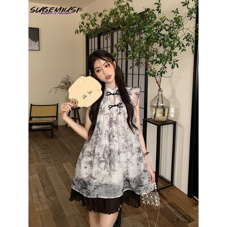 Sugemiusi Đầm Giả Hai Mảnh Dáng Chữ A Tay Bay In Họa Tiết Phong Cách Mới Mùa Hè Dành Cho Bạn Nữ