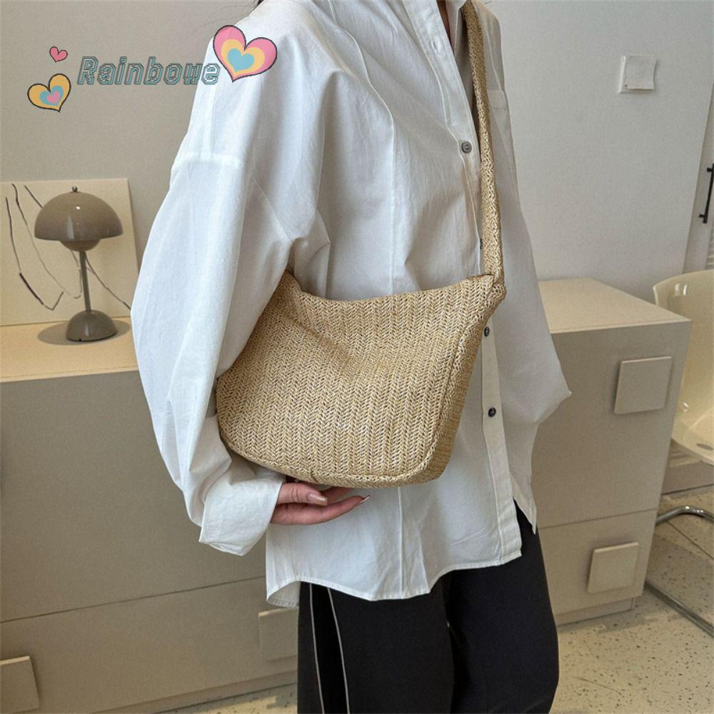 Túi Cói Đeo Vai Màu Cầu Vồng Sức Chứa Lớn Cho Nữ