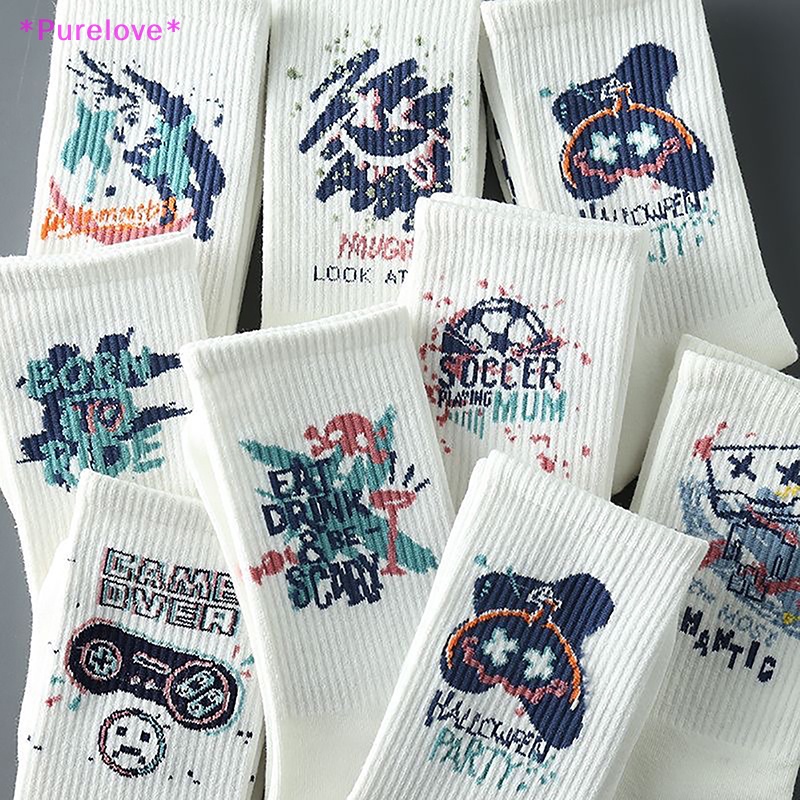 1 Đôi Vớ Cotton Polyester Màu Trắng In Họa Tiết Hoạt Hình Vui Nhộn Dành Cho Nam Và Nữ Mới