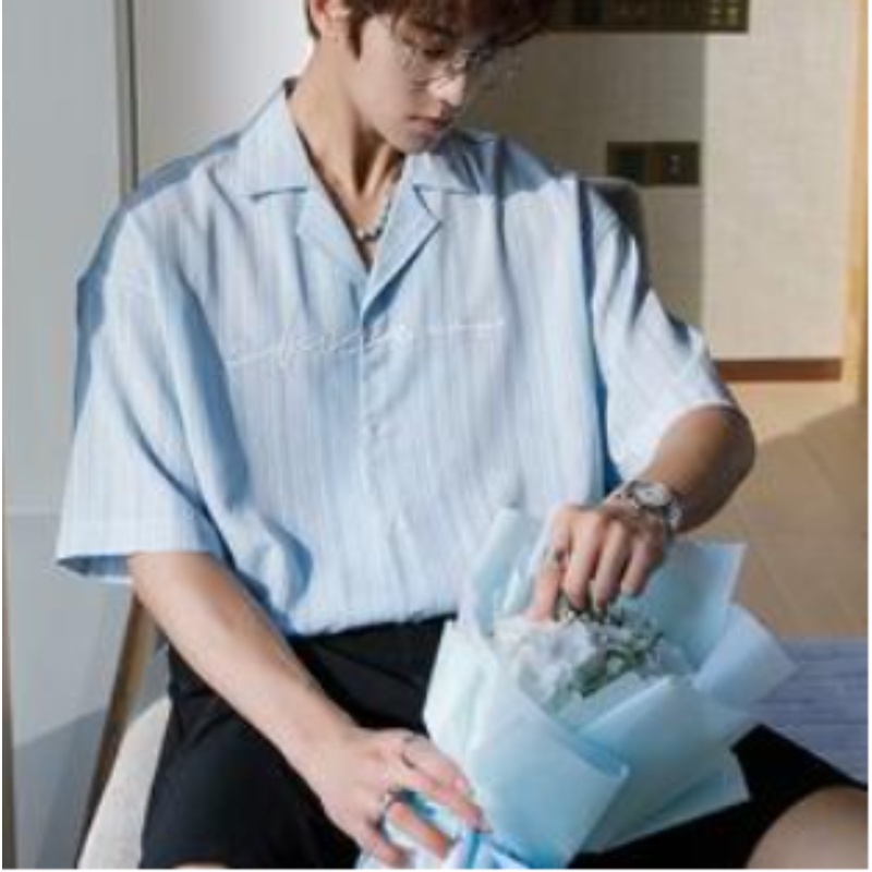 Áo Sơ Mi Ngắn Tay Dáng Rộng Họa Tiết Sọc Thời Trang Mùa Hè Nhật Bản Dành Cho Nam