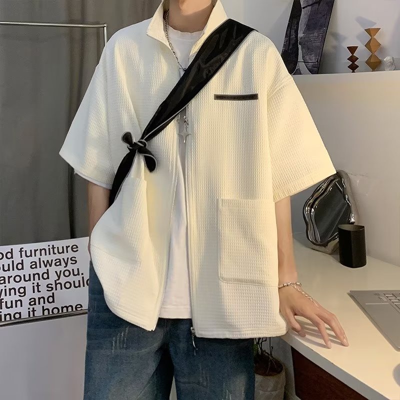 Áo Khoác Tay Ngắn Cổ Đứng Có Khóa Kéo Phong Cách Retro Mỹ Cá Tính Cho Nam Nữ