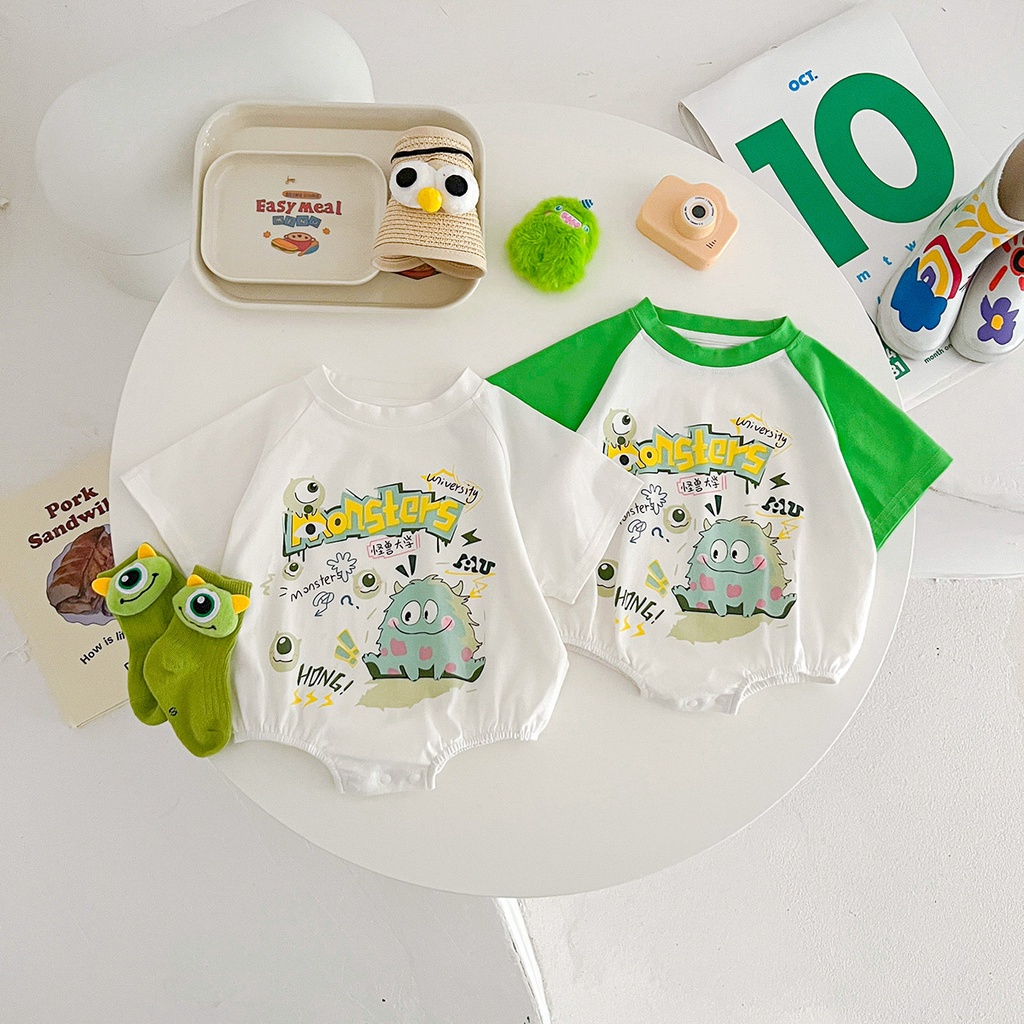 Pinpoo Bộ Áo Liền Quần Tay Ngắn Vải Cotton In Hình Quái Vật Nhỏ Dễ Thương Cho Bé Sơ