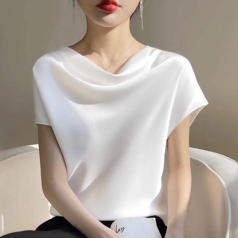Áo Sơ Mi Lụa Satin Tay Ngắn Cổ Cao Đa Năng Phong Cách Pháp Thời Trang Mùa Hè 2023 Mới Dành Cho Bạn Nữ