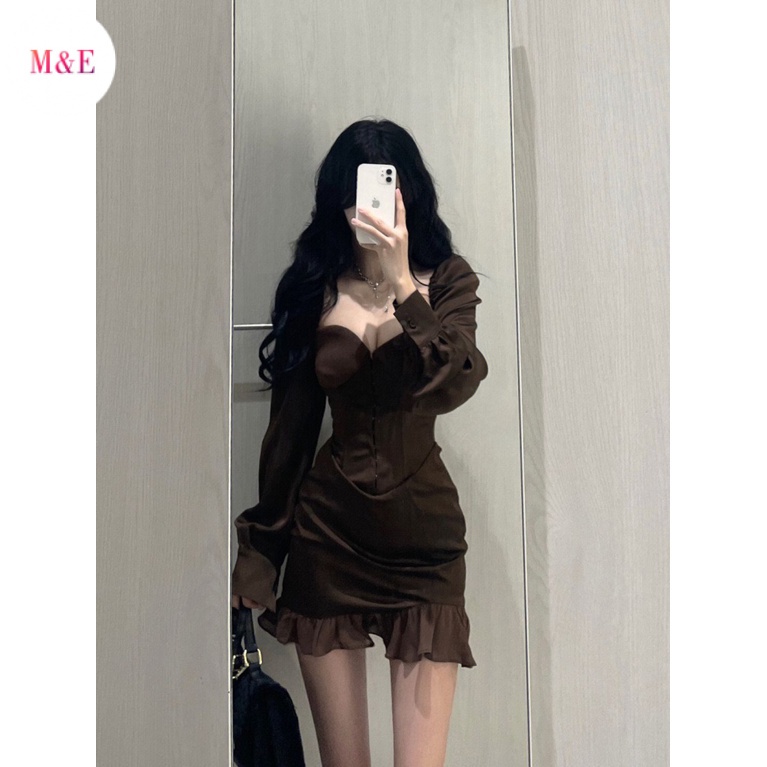 M &amp; E Đầm Đuôi Cá Tay Dài Hở Vai Cổ Chữ V Màu Nâu Thuần Khiết Có Diềm Xếp Nếp Cho Nữ