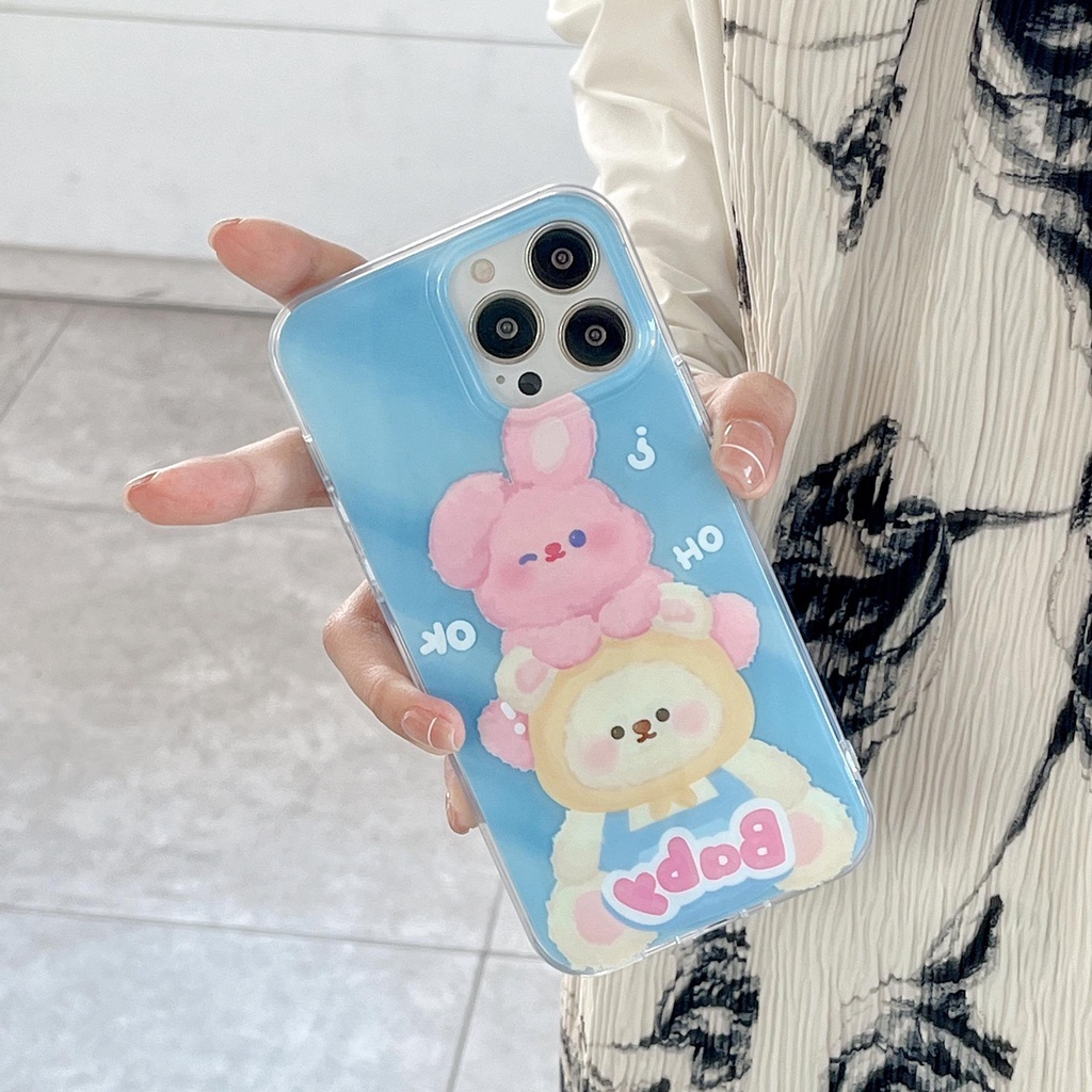 Ốp Điện Thoại Silicon TPU Mềm Trong Suốt Hai Mặt Hình Gấu Thỏ Chống Sốc Cho iPhone 14 13 12 11 Pro Max