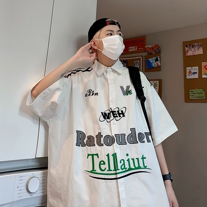 Áo Sơ Mi Tay Ngắn Thêu Chữ Phong Cách Hip Hop Đường Phố Mỹ Thời Trang Mùa Hè Cho Nam Và Nữ