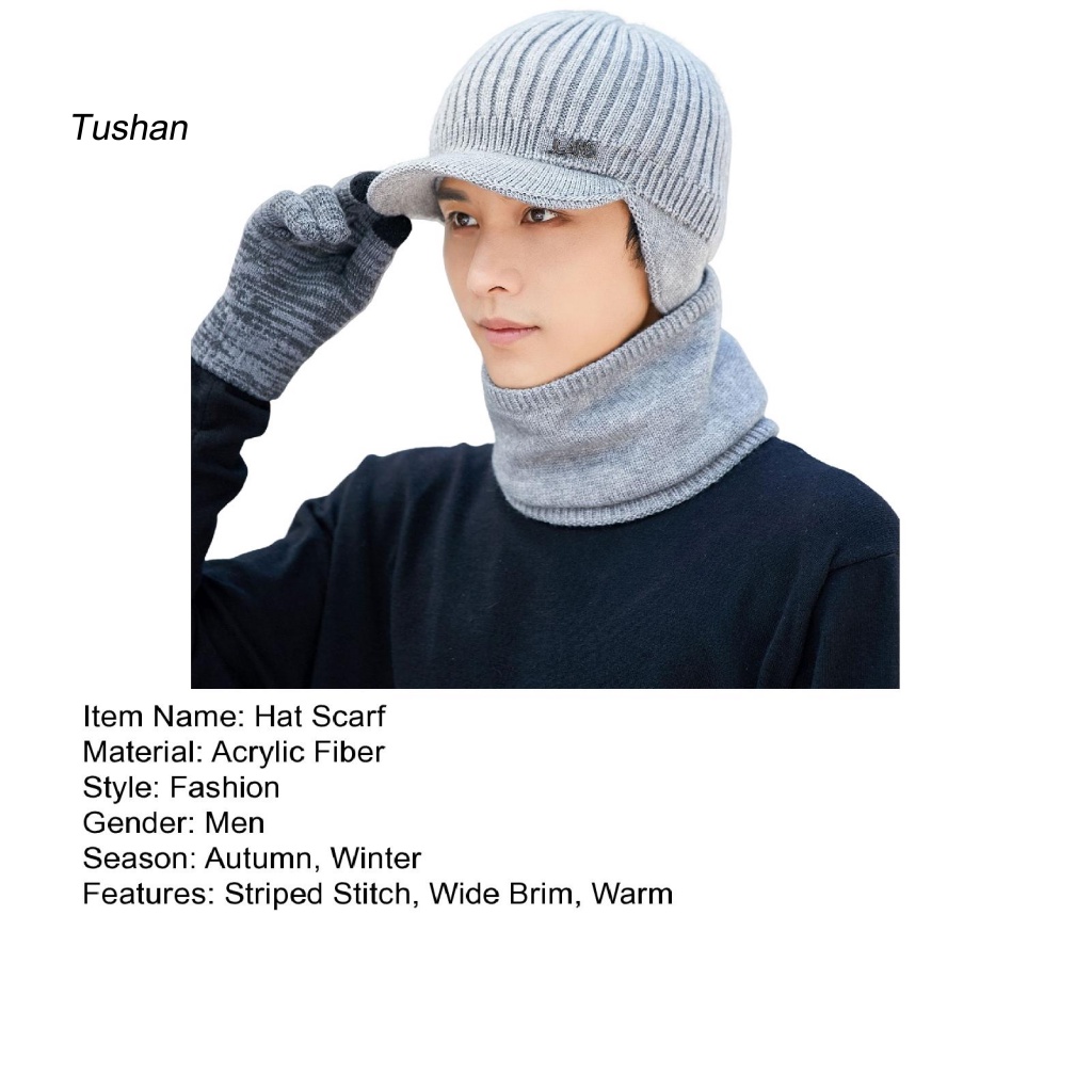 Set 1 / 2 Mũ Lưỡi Trai Kèm Khăn Choàng Cổ Dệt Kim Dày Dặn Giữ Ấm Mùa Đông Cho Nam