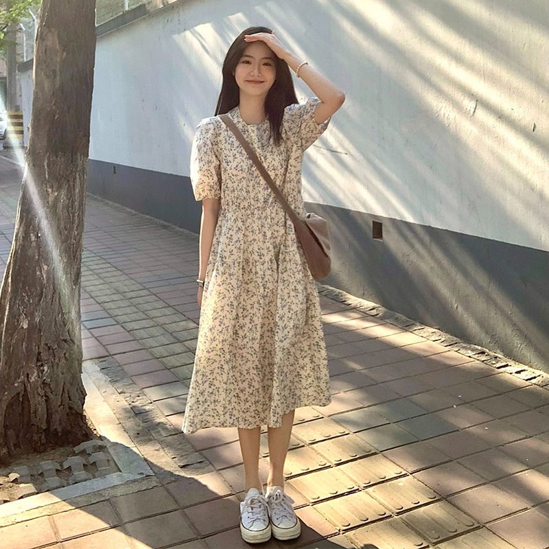 Nhẹ nhàng khí quyển hoa đầm đầm mùa hè phong cách Hàn Quốc ngắn tay áo đầm dài  HZFWC0831