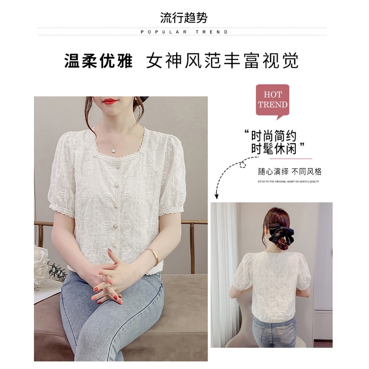 Áo Sơ Mi Chiffon Tay Ngắn Cổ Chữ U Thêu Ren Phong Cách Hàn Quốc Thanh Lịch Dành Cho Nữ