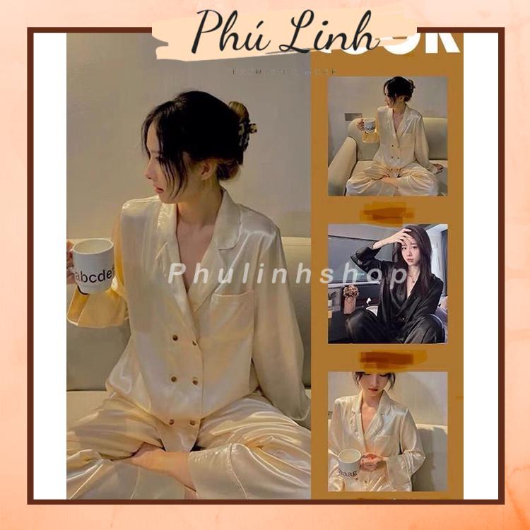 [Hàng Quảng Châu] MS1060 Bộ Pyjama Nữ Lụa Satin, Bộ Quần Áo Dài Mặc Nhà Trơn 6 Cúc 3993#