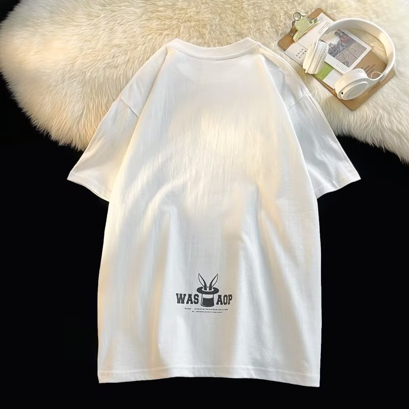 Áo Thun Cotton Tay Ngắn Dáng Rộng In Hình Thỏ Bông Màu Trơn Dễ Phối Đồ Thời Trang Mùa Hè Cho Nam Và Nữ