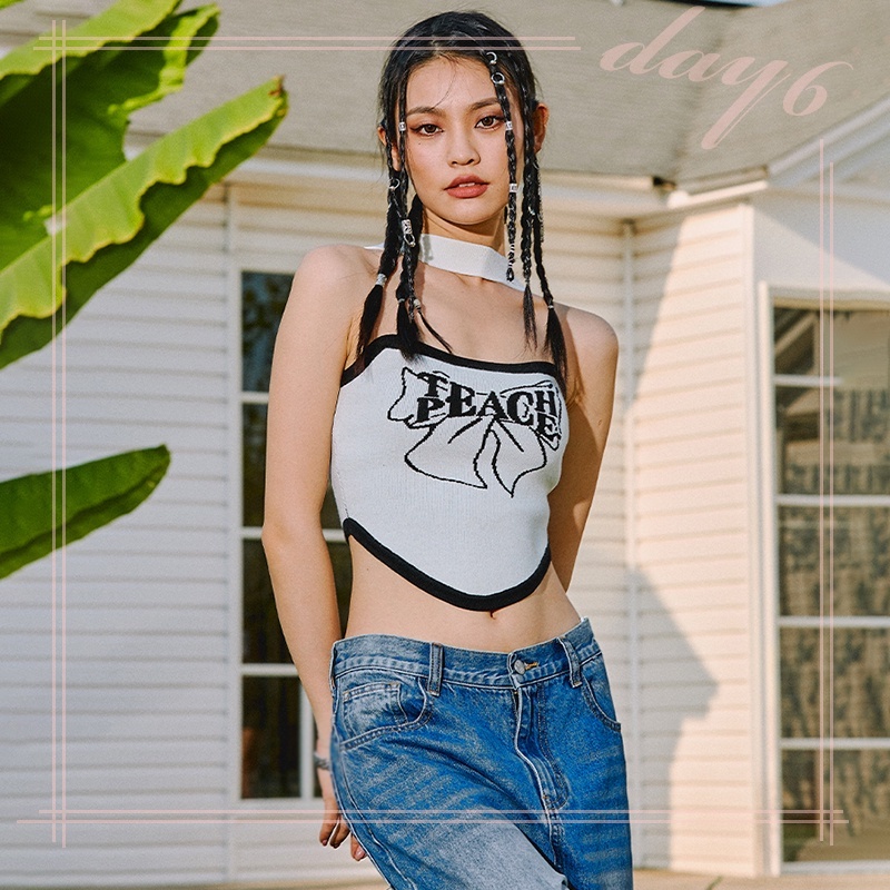 Áo Croptop In Chữ Thắt Nơ Phong Cách Retro Mỹ Cho Nữ