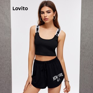 Lovito áo thun l20d1111 màu đen in chữ giản dị