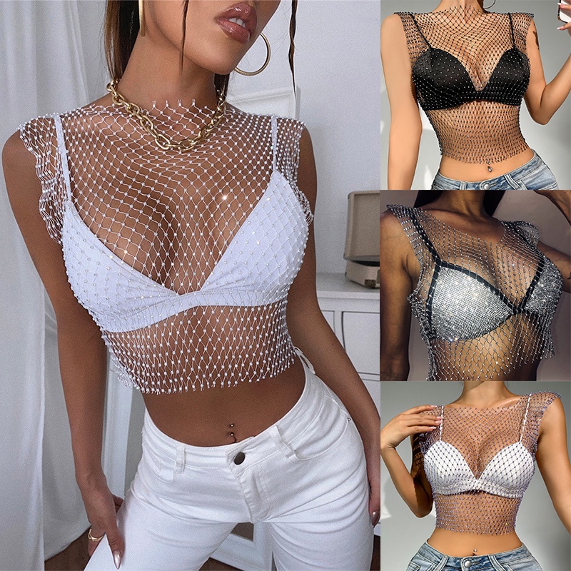 Áo Lưới Croptop Xuyên Thấu Đính Đá Gợi Cảm Cho Nữ
