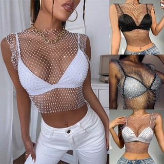 Áo lưới croptop xuyên thấu đính đá gợi cảm cho nữ