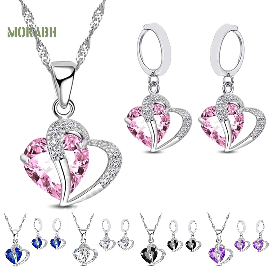 1 Bộ Vòng cổ + Bông Tai Đính Đá Zircon Hình Trái Tim Lấp Lánh