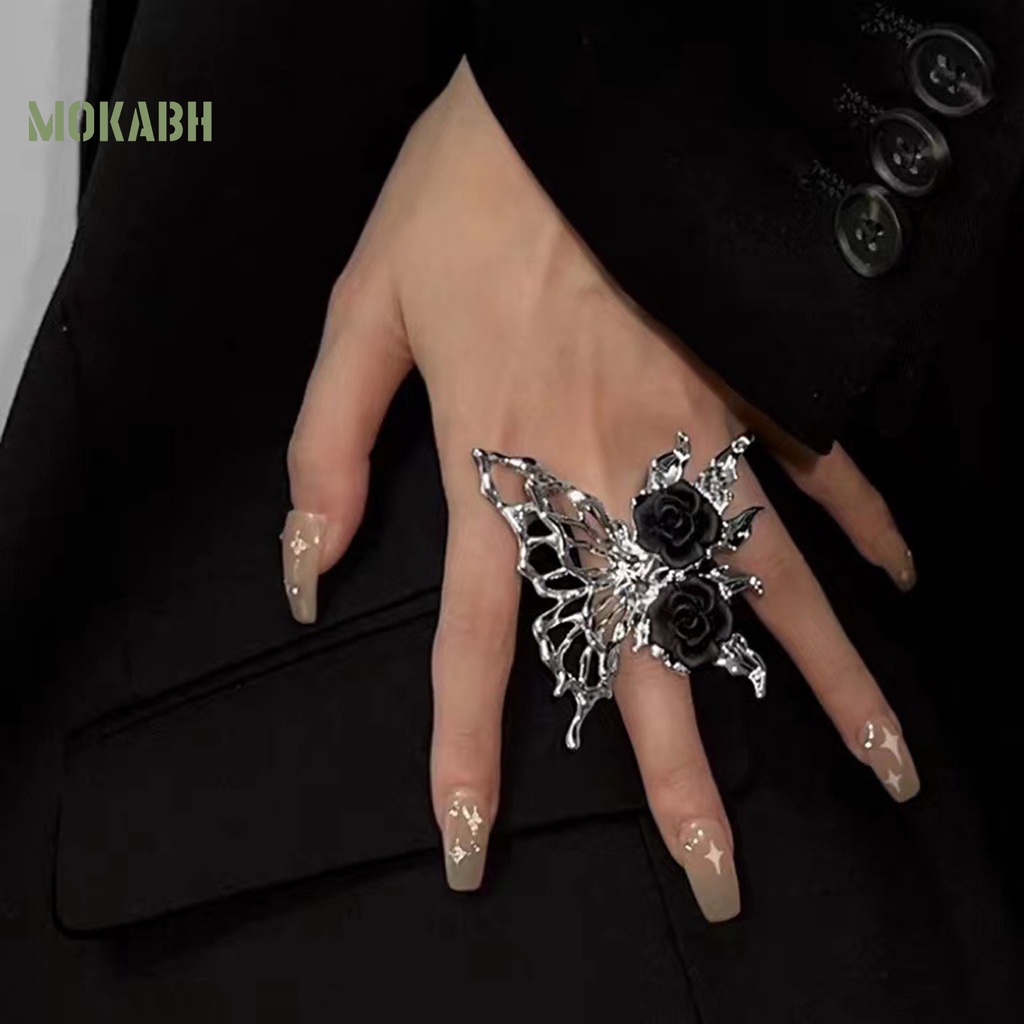 [Mới] Nhẫn Mở Hình Bướm Rỗng Đính Đá Màu Đen Phong Cách Gothic Punk Làm Quà Tặng Thời Trang Cho Nữ