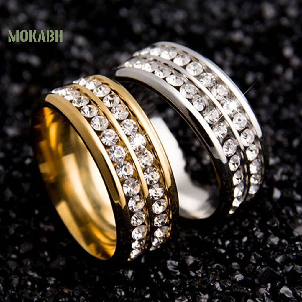 Nhẫn Titan Bản Rộng Hai Hàng Không Phai Màu Đính Đá Cho Nam Và Nữ