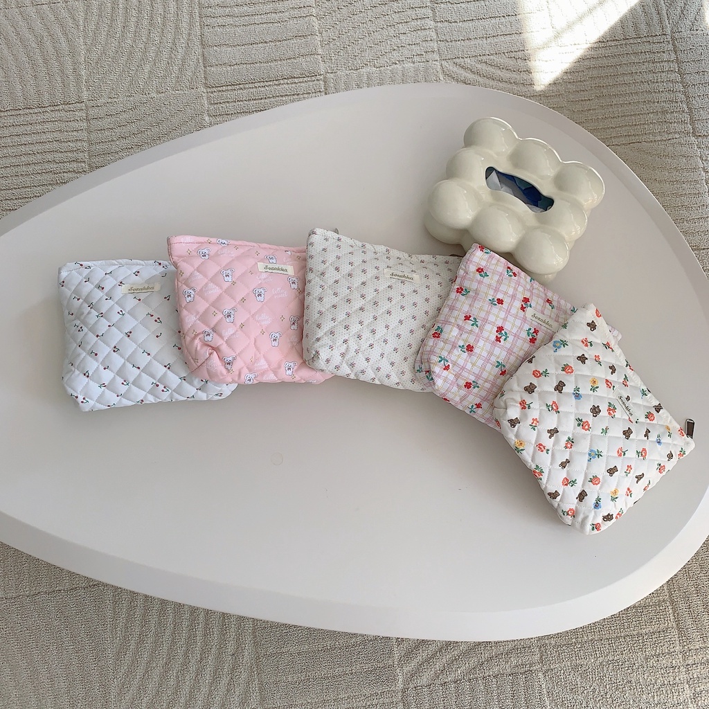 Túi Đựng Điện Thoại Di Động / Mỹ Phẩm Chăm Sóc Da Bằng Cotton Họa Tiết Gấu Bông Hoa Nhỏ Xinh Thời Trang Gọn Gàng
