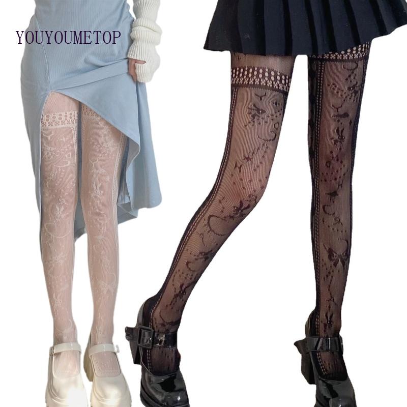 Youyo Quần Tất Lưới Phối Dây Xích Đính Nơ Họa Tiết Thỏ Nhỏ Phong Cách Gothic Punk Cho Nữ