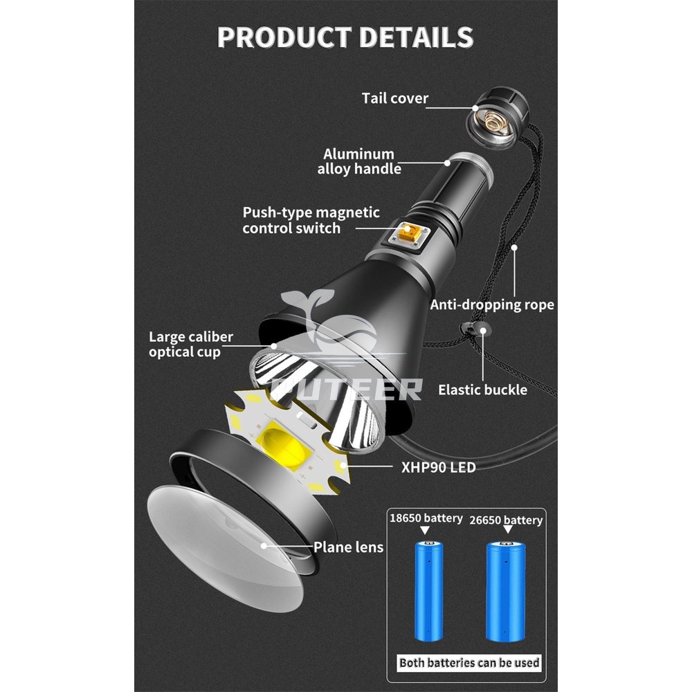 Đèn Pin Led IPx8 Siêu Sáng Chống Thấm Nước Pin 26650 Có Dây Đeo Tay Tiện Dụng Dùng Khi Đi Lặn