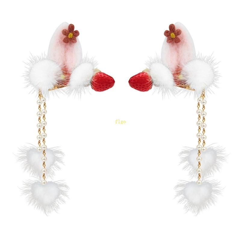 Kẹp Tóc Tua Rua Hình Tai Thỏ / Dâu Tây Đáng Yêu Dành Cho Nữ