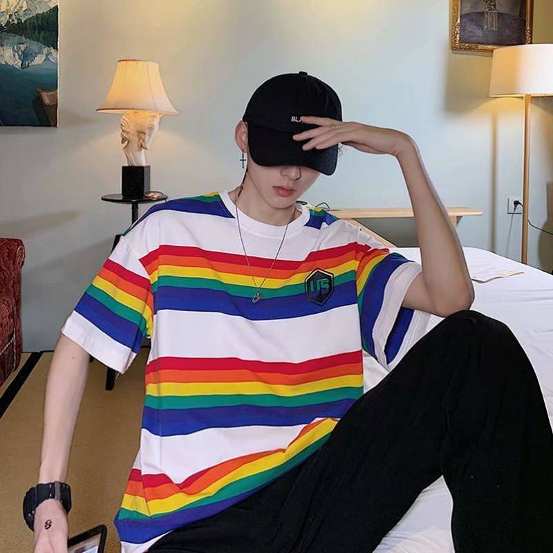 Summer Ins Rainbow Striped Short-Sleeved T-shirt Men and Women Couple Korean Style Fashion Brand Hip Hop Fried Street Loose Half Sleeve Shirt mdk3