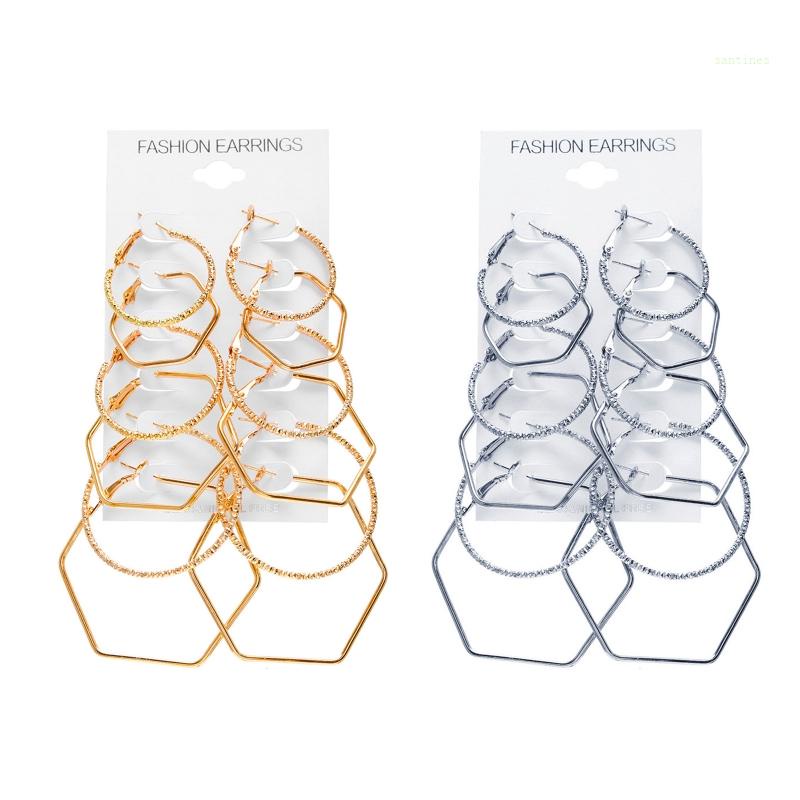 Set 6 Đôi Khuyên Tai Tròn Lục Giác Thời Trang