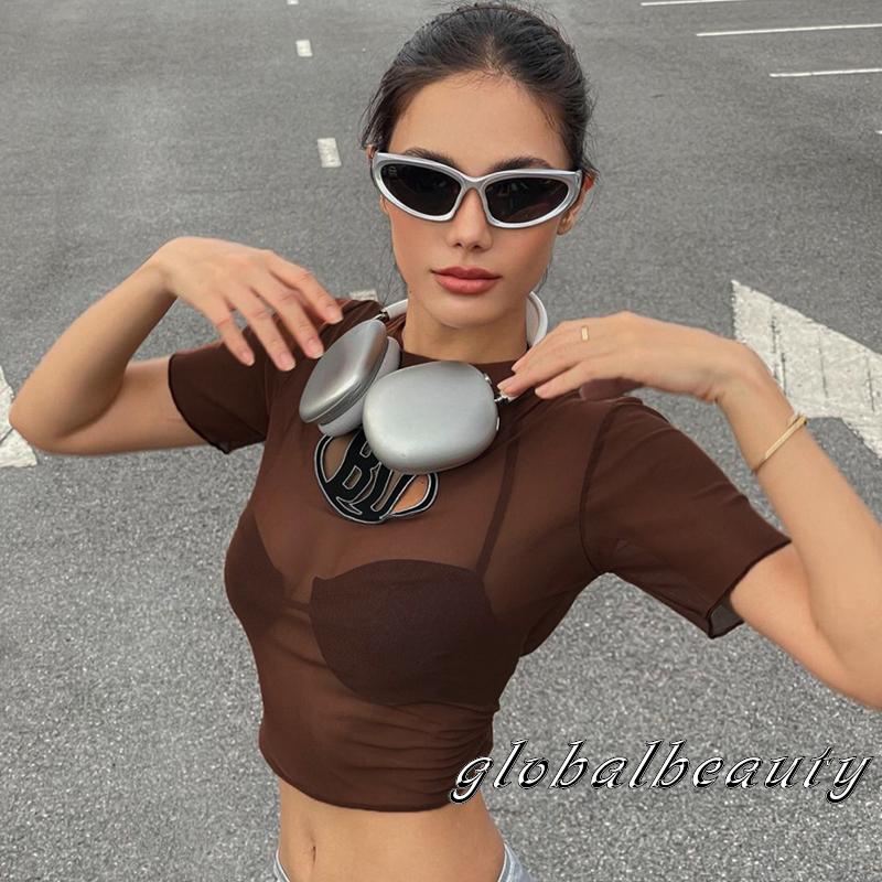 Áo Croptop Tay Ngắn Cổ Tròn Phối Lưới Thêu Chữ Phong Cách Đường Phố Cho Nữ