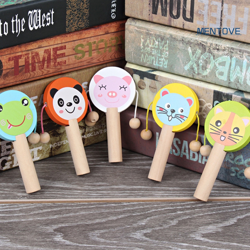 Trống Lục Lạc Cầm Tay Bằng Gỗ Hình Động Vật Hoạt Hình Cho Bé