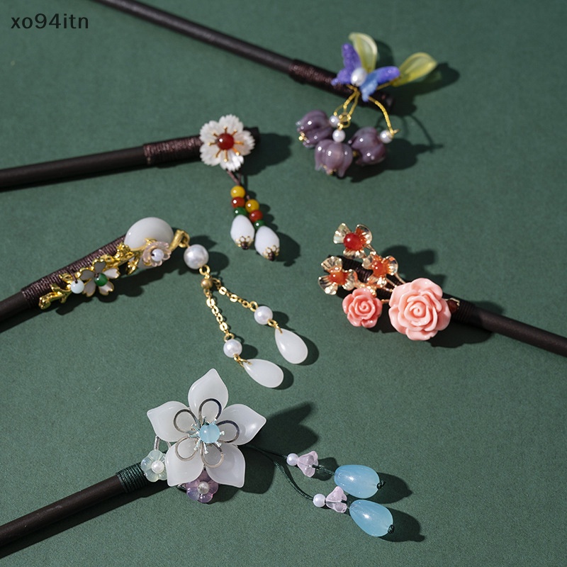 Trâm Cài Tóc Bằng Gỗ Mun Đính Hoa Phối Tua Rua Phong Cách Cổ Điển