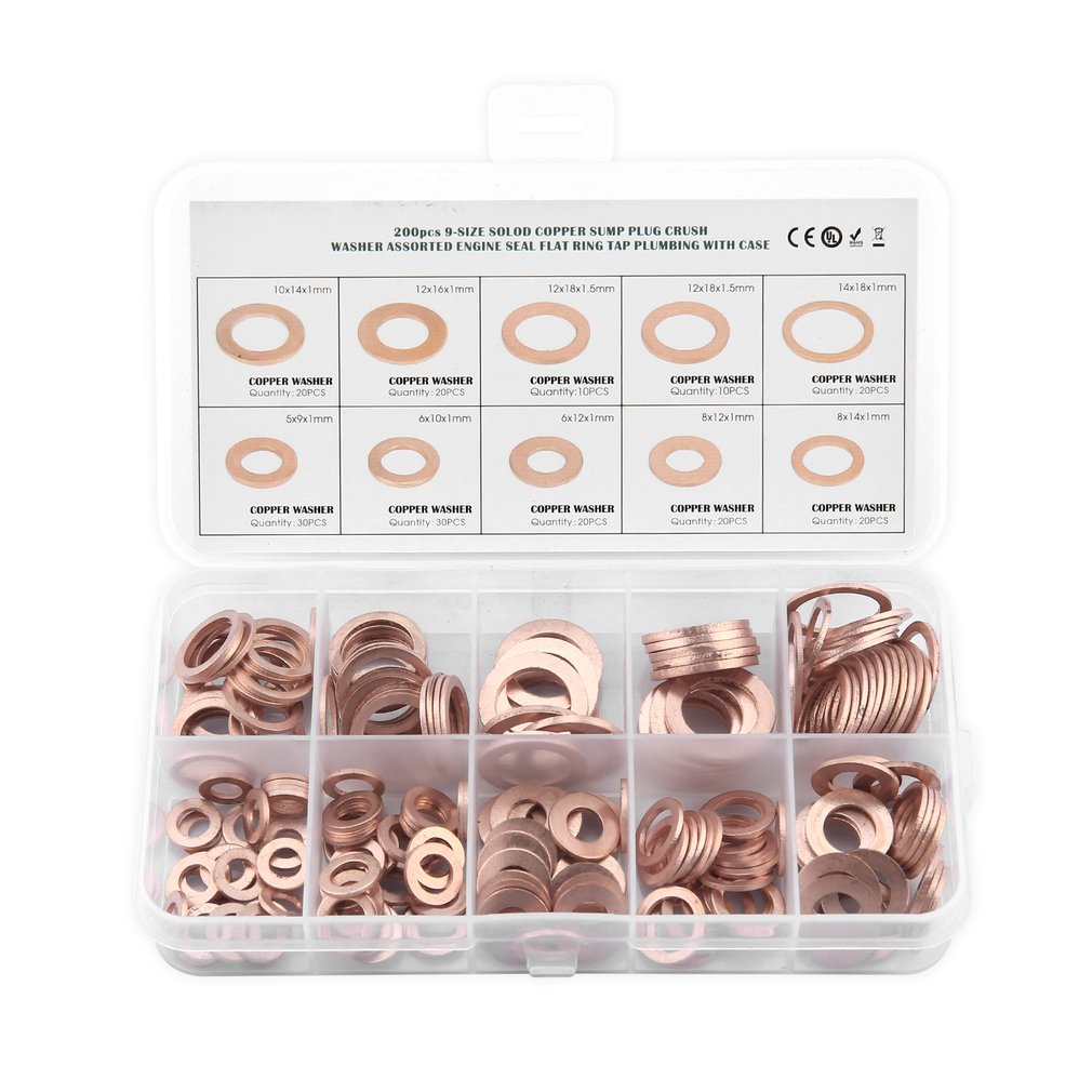 200Pcs Solid Copper Washer M5-M14 Flat Ring Sump Plug Seal Assorted Set Box Electrical Conductivity Thermal [Q/13]