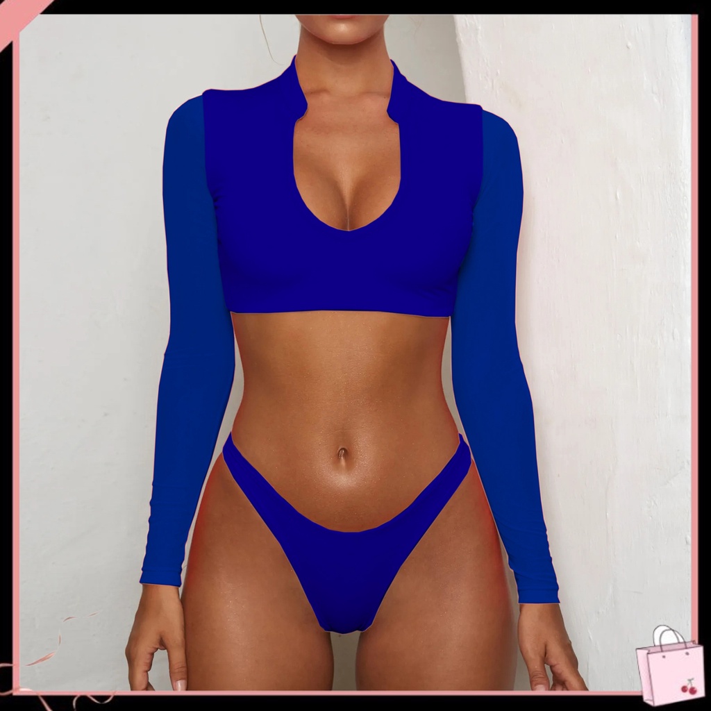 Bộ Đồ Bơi Bikini Áo Tay Dài Phối Lưới Thoáng Khí + Quần Lọt Khe Cắt Cao Thời Trang Quyến Rũ Cho Nữ