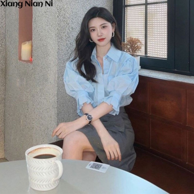Áo sơ mi XIANG NIAN NI tay phồng dáng rộng màu trơn phong cách Hàn Quốc thời trang mùa hè cho nữ
