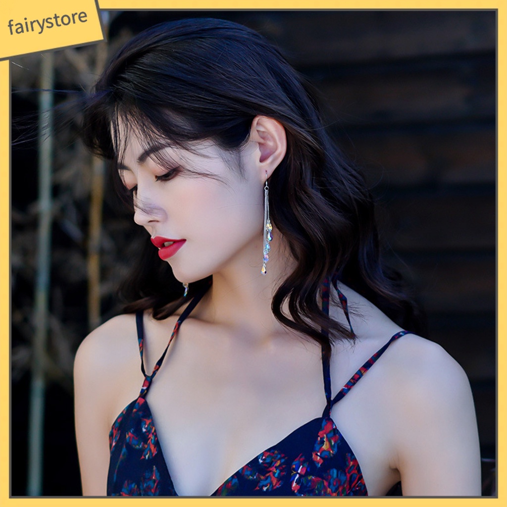 1 Đôi Bông Tai Dáng Dài Đính Pha Lê Lấp Lánh Thời Trang