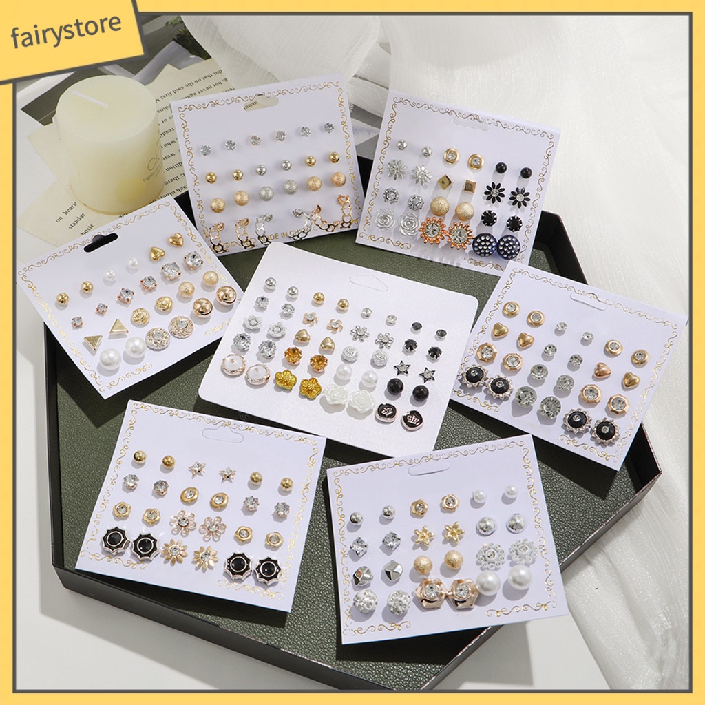 Set 12 Đôi Bông Tai Xỏ Hạt Ngọc Trai Giả Phong Cách Hàn Quốc