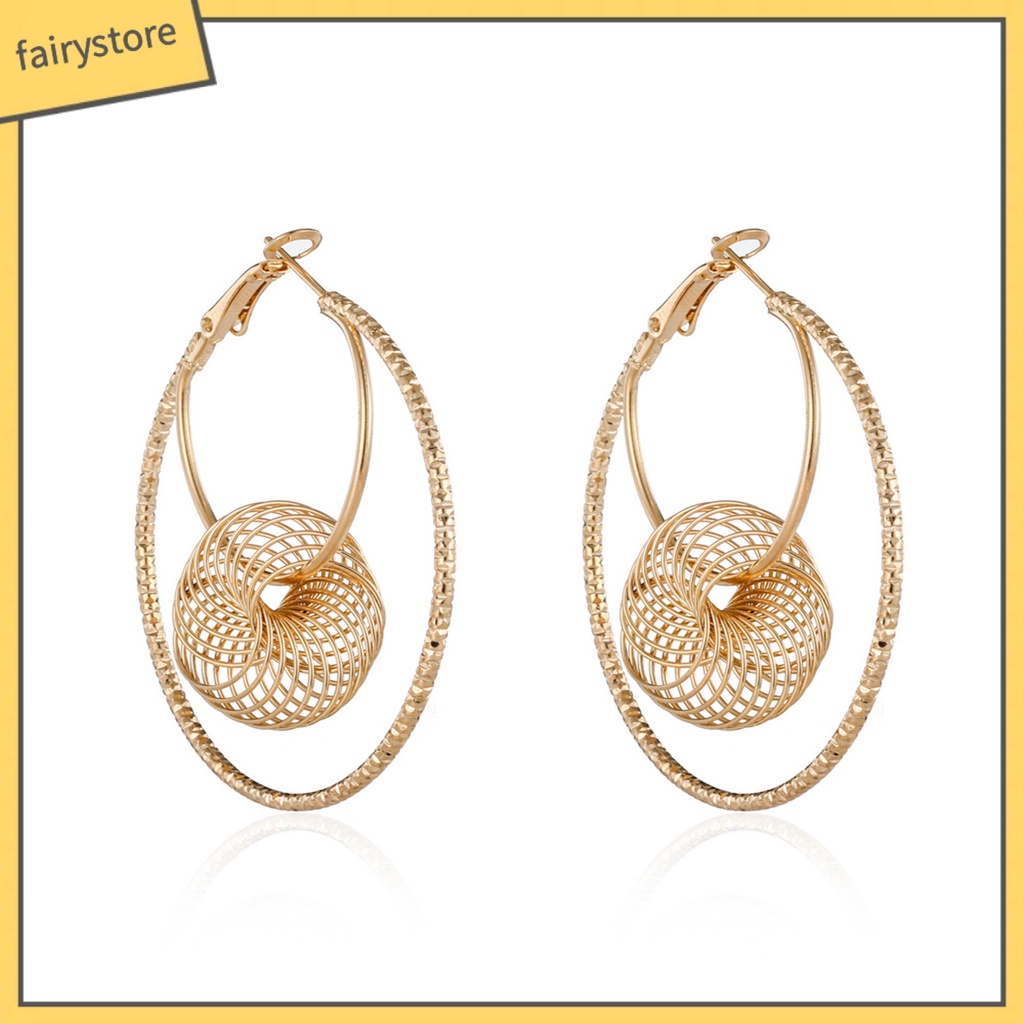 1 Đôi Bông Tai Hình Tròn Hai Lớp Bằng Kim Loại Thời Trang