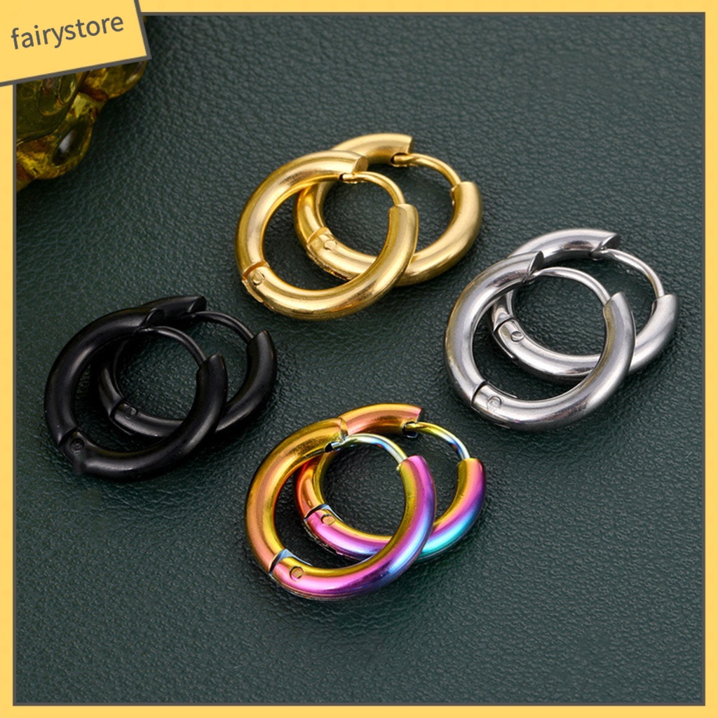 1 Đôi Bông Tai Tròn Bằng Thép Không Gỉ Màu Bạc Bóng Thanh Lịch Thời Trang