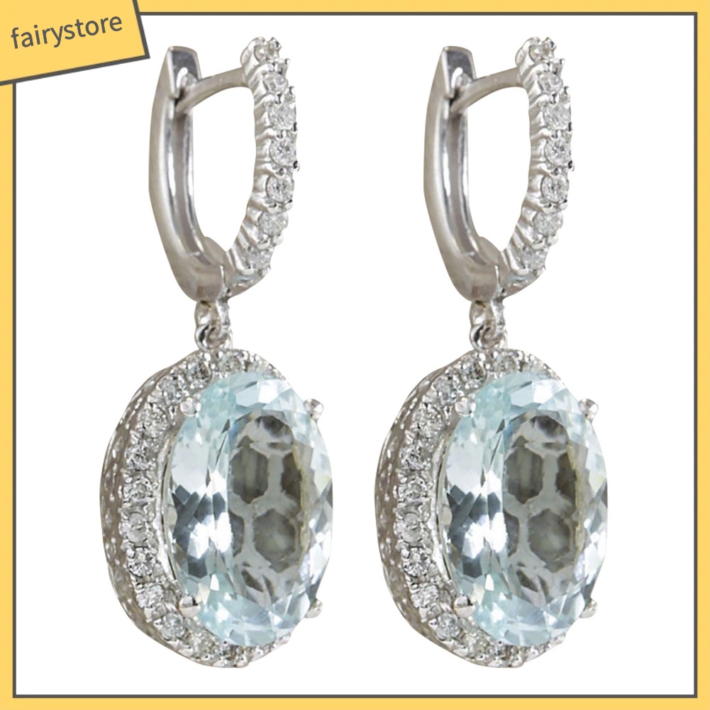 Bông Tai Dáng Dài Hình Oval Đính Đá Aquamarine Nhân Tạo Thời Trang Cho Nữ