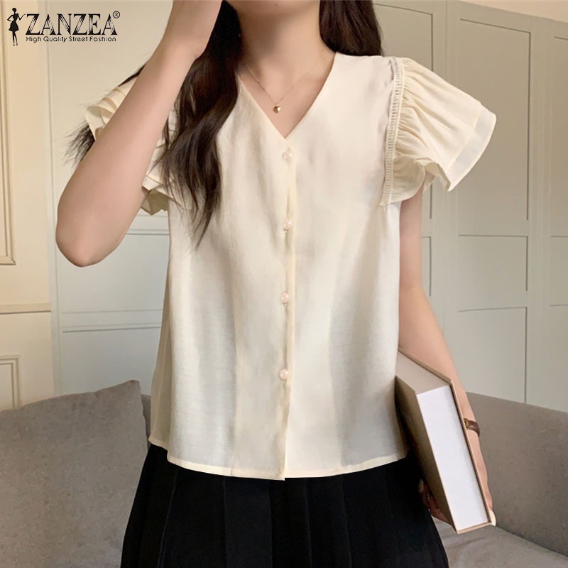 Zanzea Áo Kiểu Nữ Cộc Tay Cổ Chữ V Thời Trang Hàn