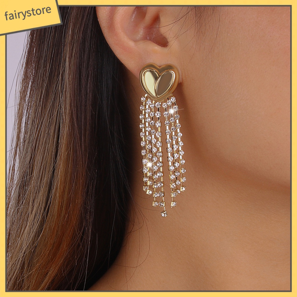 1 Đôi Bông Tai Dài Tua Rua Hình Trái Tim Đính Đá Kiểu Pháp