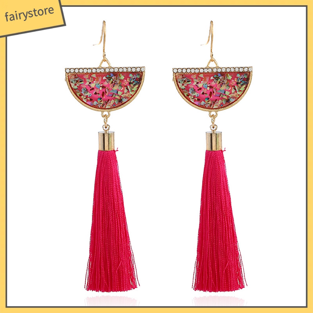 Bông Tai Dáng Dài Đính Đá Phối Tua Rua Hình Quạt Phong Cách Dân Tộc Cổ Điển Thời Trang Cho Nữ