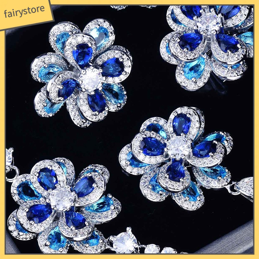 [FRO] Trang Sức Gồm Nhẫn / Bông Tai / Vòng Tay Đính Đá Zircon Hình Hoa Trà Nhiều Màu Lấp Lánh Cho