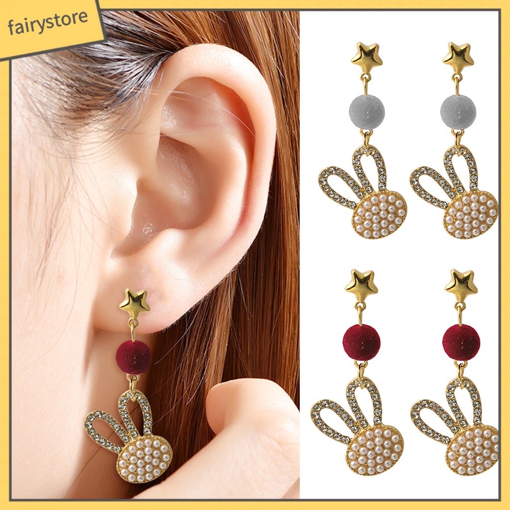 1 Đôi Bông Tai Hình Ngôi Sao / Thỏ Đính Ngọc Trai Giả Dễ Thương Phong Cách Hàn Quốc Thời Trang Thu Đông