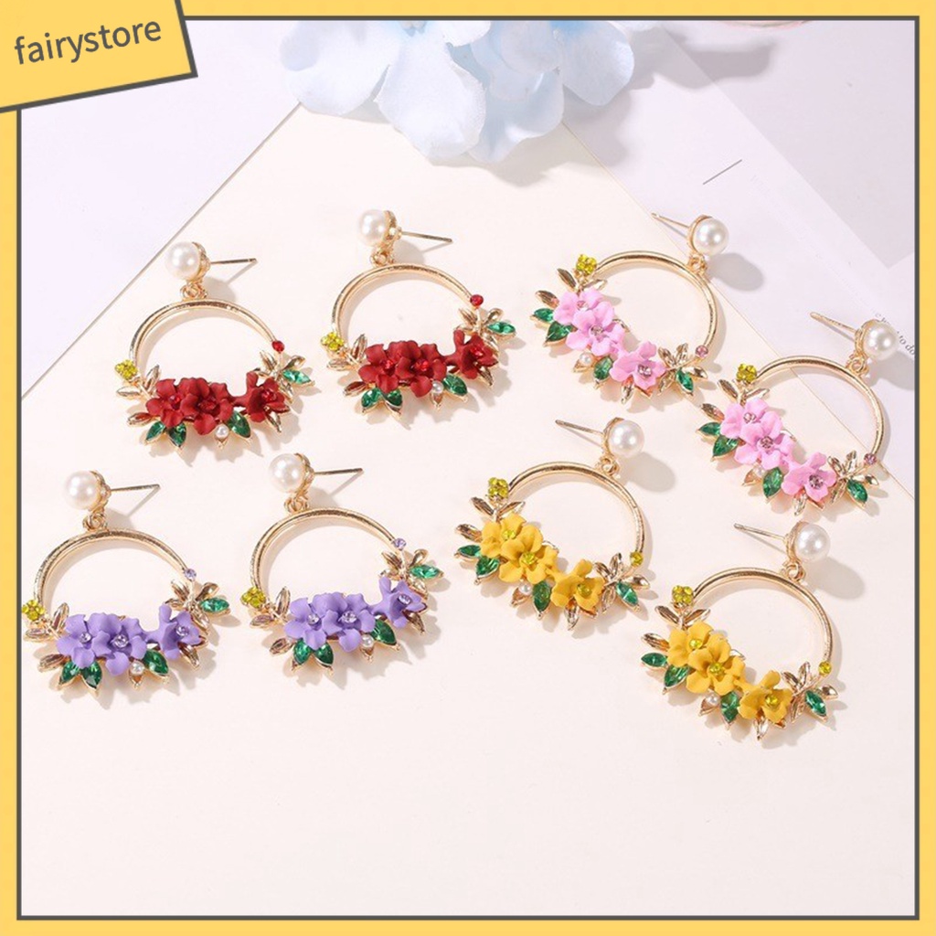 1 Đôi Bông Tai Tròn Đính Đá &amp; Ngọc Trai Giả Hình Hoa Dễ Thương