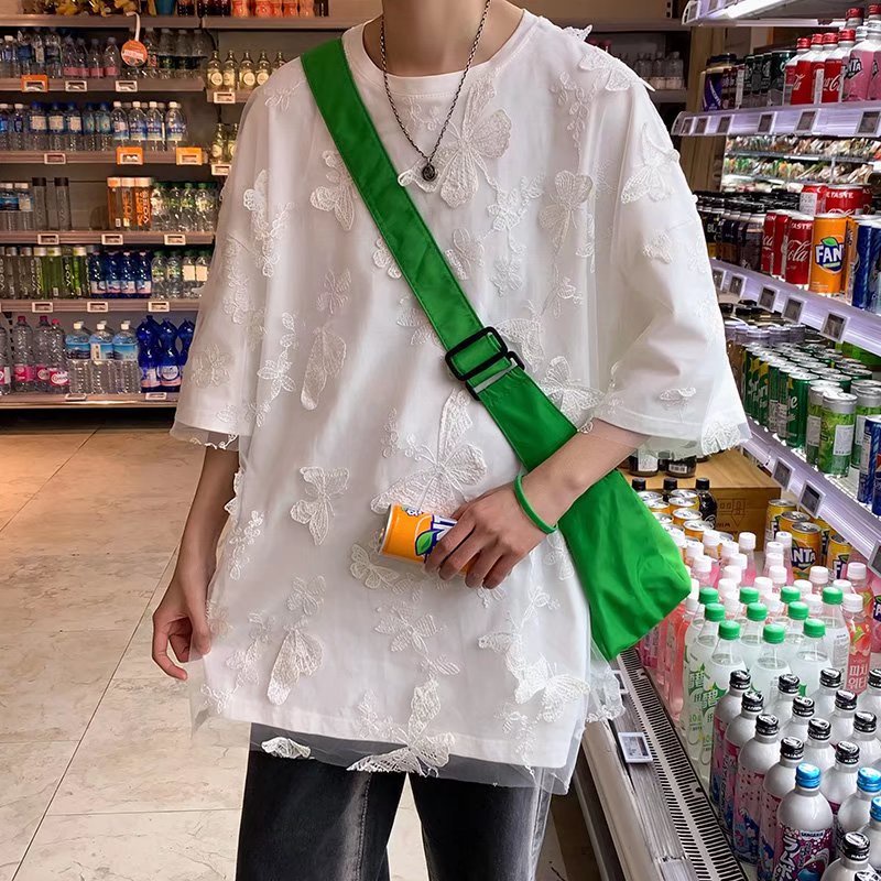 Áo Thun Ngắn Tay Giả Hai Lớp Họa Tiết Bướm Phong Cách Đường Phố Cho Nam Nữ